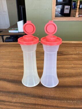Vintage Tupperware Hourglass 6" Salt & Pepper Shakers Salmon Color Lids